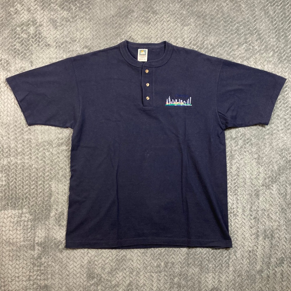 Cotton Deluxe Henley Mens L Chicago Skyline Navy Blue Embroidered VTG USA